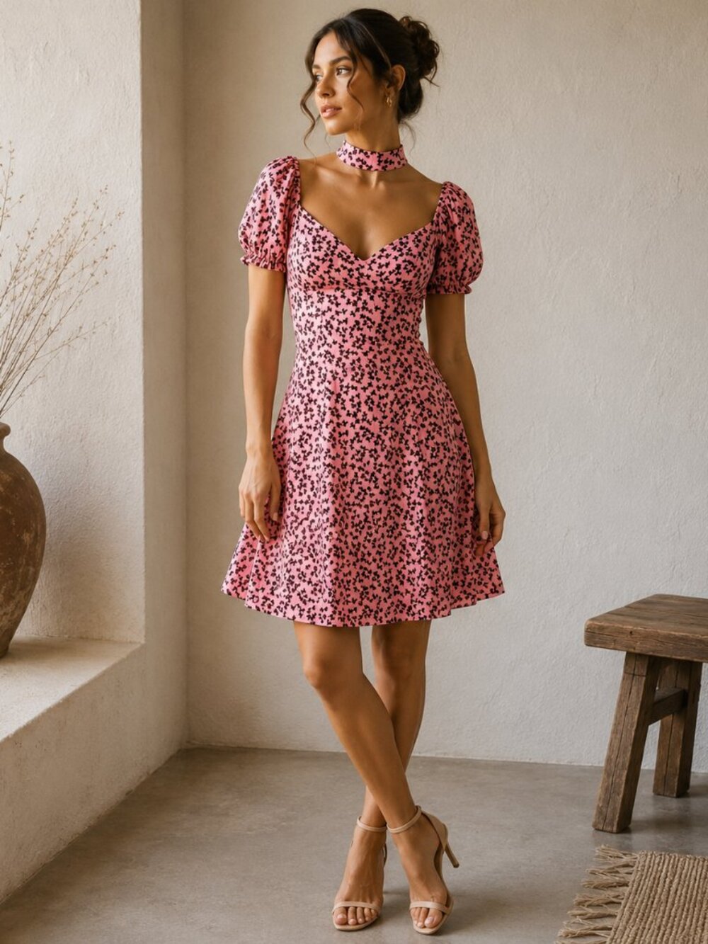 ALEXIS Pink Clover Floral High Neck Mini Dress Size XS Puff Sleeve